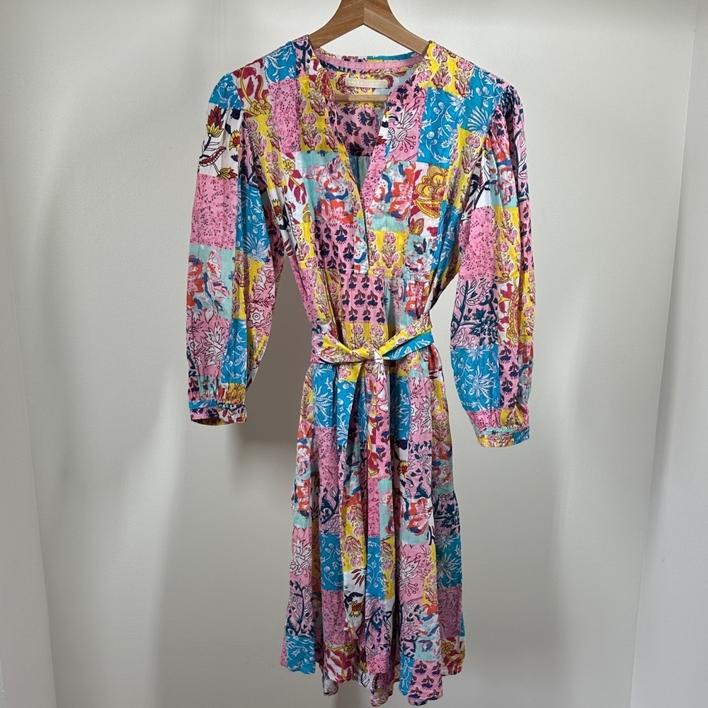 Lola Australia Marilyn Cotton Midi Dress in Patchwork with waist tie size xsmall